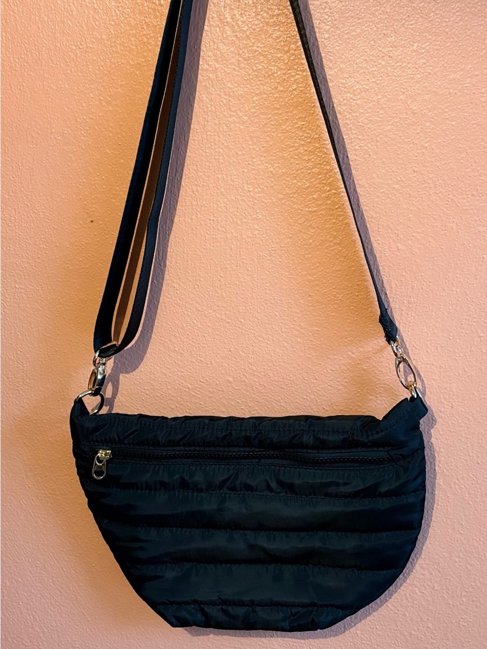 Compact Black Quilted Crossbody Bag with Gold Hardware